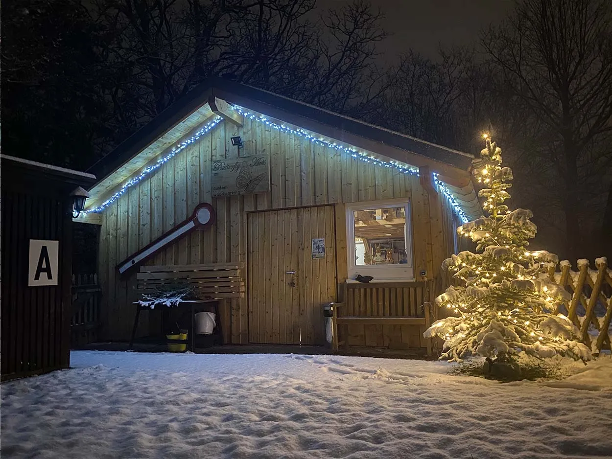 Die Schreinerhütte von Butterfly Arts im verschneiten Winter