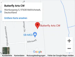 Eine Straßenkarte mit Stecknadel auf der Anschrift von Butterfly Arts